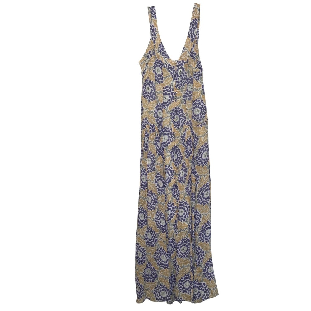 H&M Purple Yellow Floral V-Neck Button Front Maxi Dress Womens 6 Boho cottage